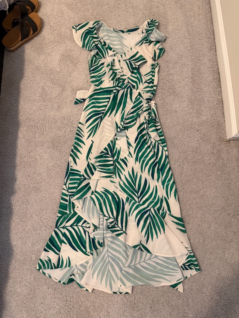 Green Palm-Print Wrap Midi Dress - White & Green